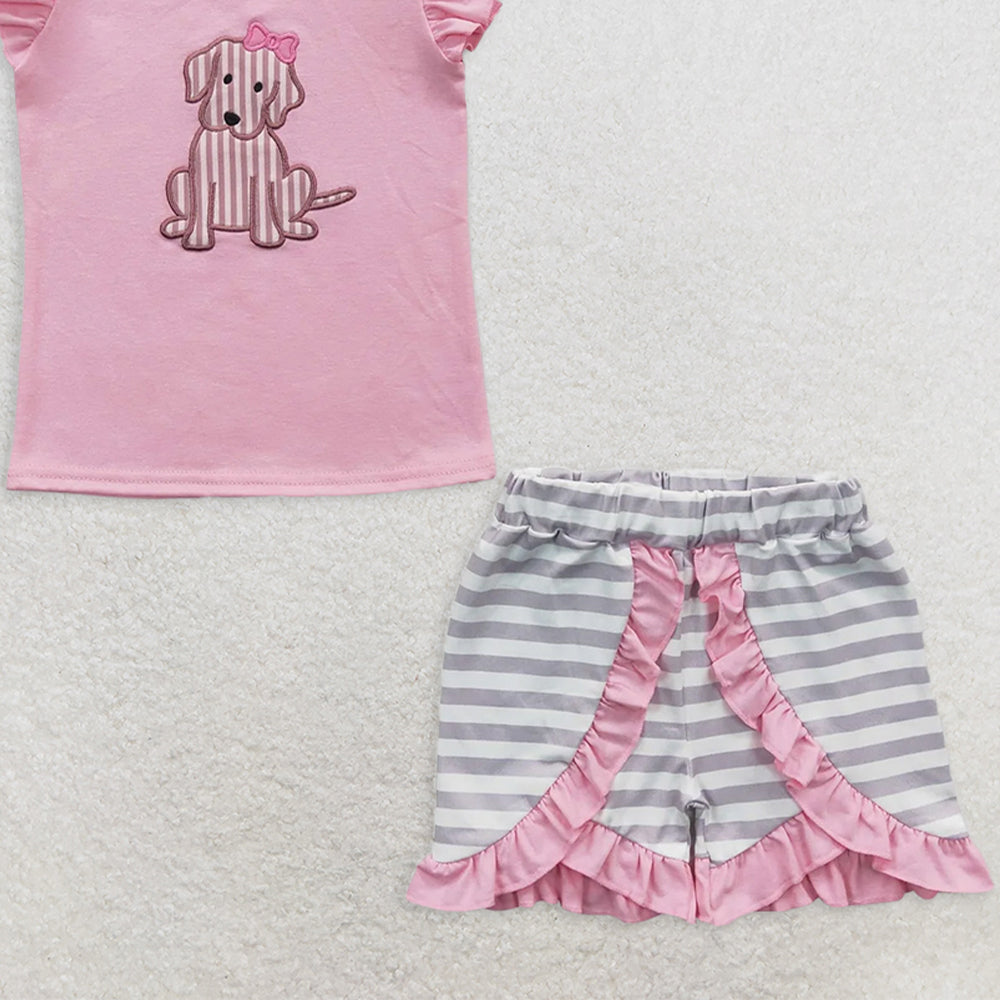 GSSO0223RTS NO MOQ Baby Girls Summer Outfits Pink dog shirt stripe shorts kids girls outfits