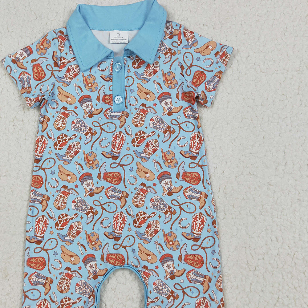 8.18  SR3128 RTS NO MOQ Baby Boys Summer Rompers Baby Kids Blue Short Sleeves Boots Hats Button Rompers