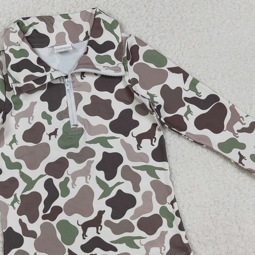 RTS NO MOQ （In stock）BT0955 Baby Boys Long Sleeve Tops Camouflage Half Zip Pullover Top Southern Dogs And Ducks Design
