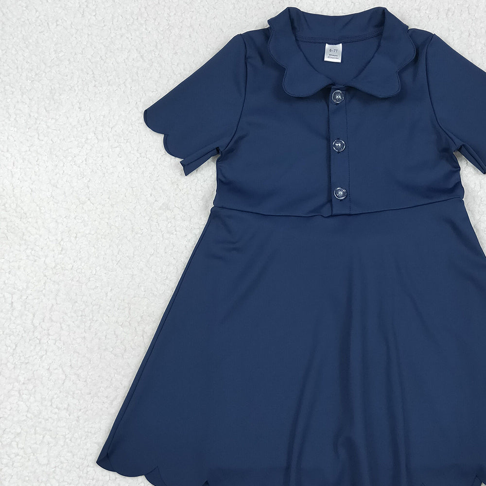7.02 GSD2487RTS NO MOQ Baby Girls Summer Yoga Dress Baby Girls Navy Short Sleeves Button Yoga Knee Length Dresses