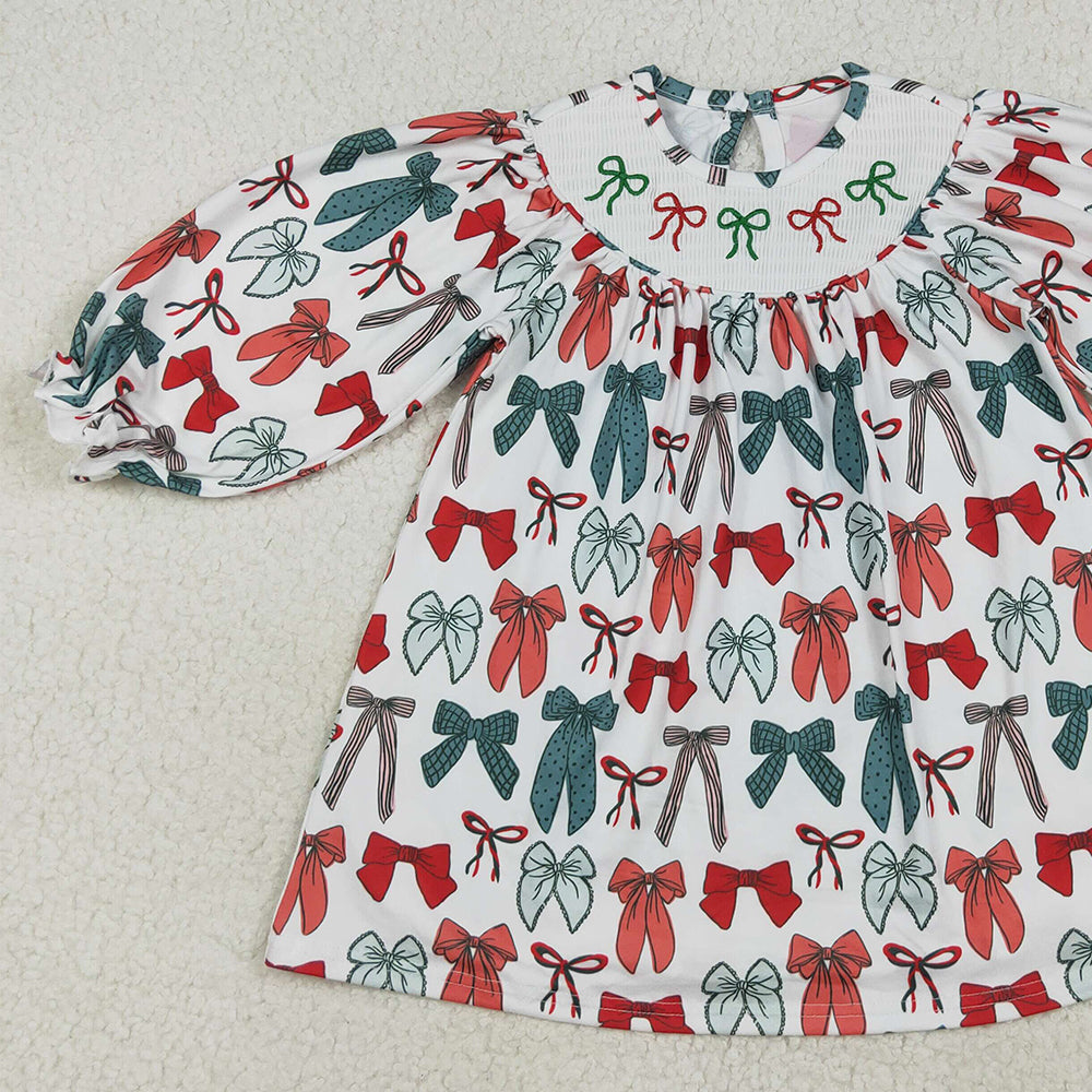 4.28 RTS NO MOQ （In stock） GLD1028 Baby Girls Winter Dress Red green bow long sleeves girls Christmas dress
