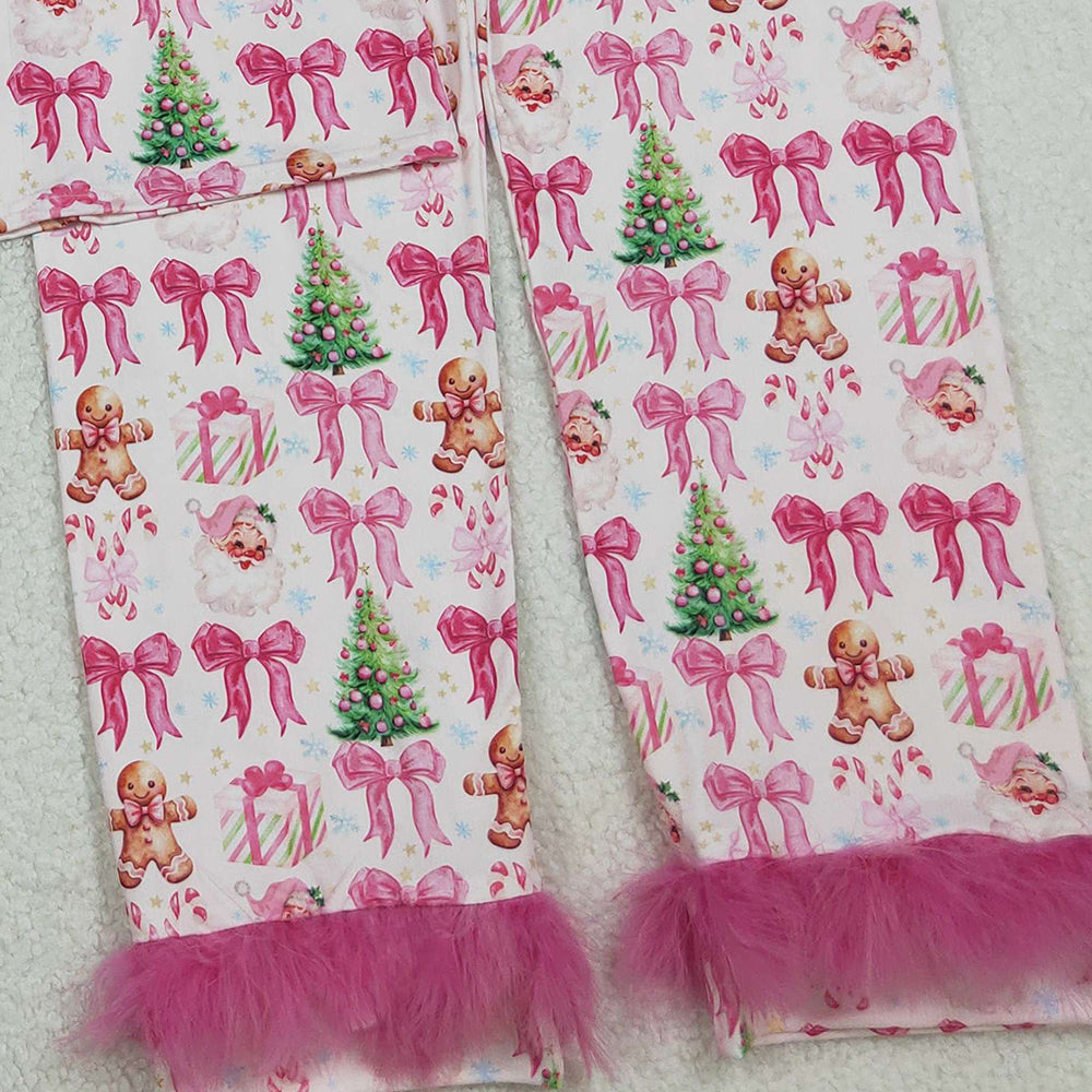 RTS NO MOQ （In stock）GLP2717 Adult women's pajamas set Bows Gingerbread Trees Button Top Pants Christmas Fur Pajamas Sets