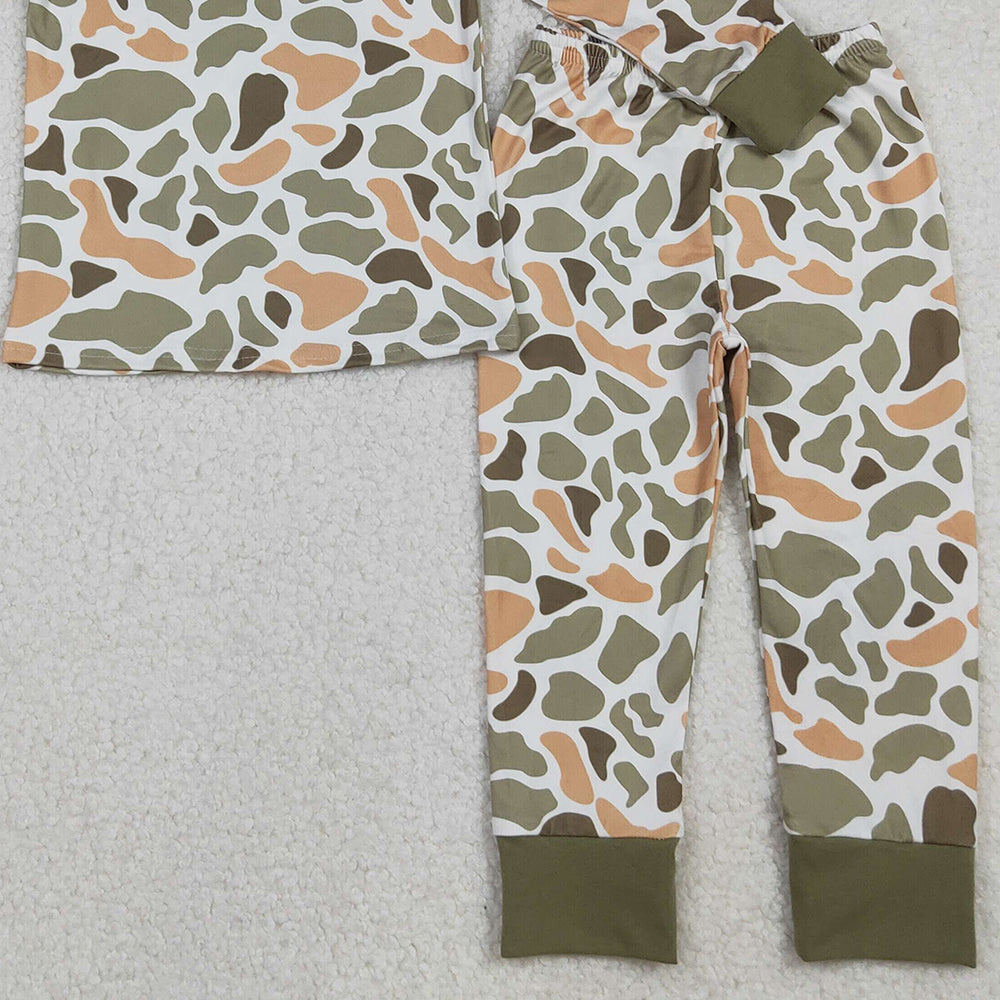 RTS NO MOQ （In stock）BLP1228 Baby Boys Winter Outfits Green Yellow Camo Top Pant Western Pajamas Set