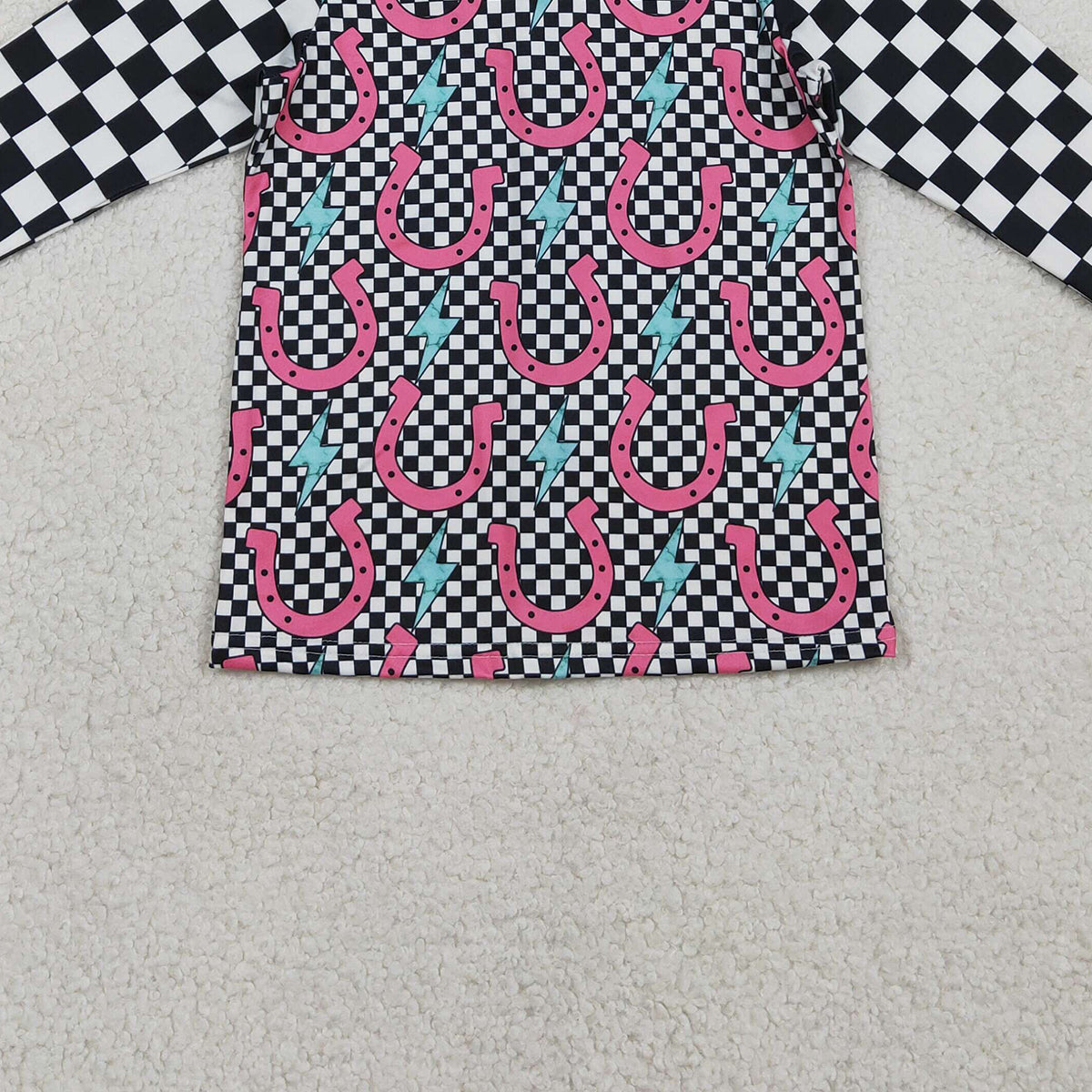 3.3 RTS NO MOQ （In stock）GT1509 Baby Girls Shoes Lightnings Black Checked Western Button Shirts Top