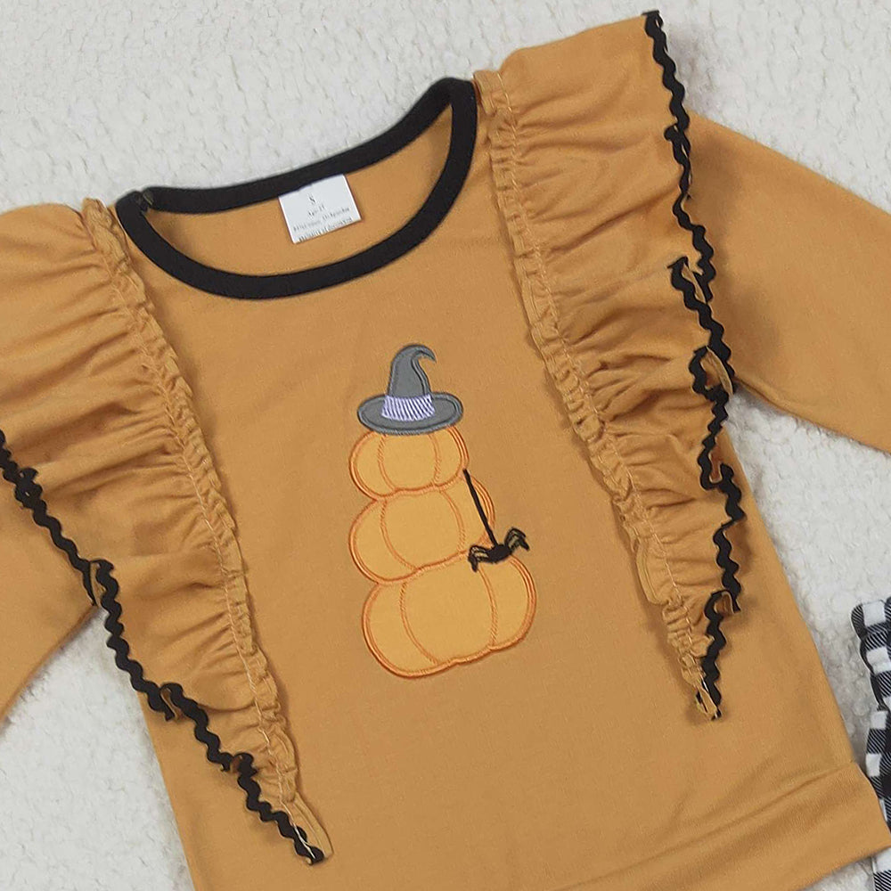 RTS NO MOQ （In stock）GLP2445 Baby Girls Winter Outfits Embroidery Hat Pumpkins Baby Girls Ruffle Shirt Black Plaid Pant Halloween Set