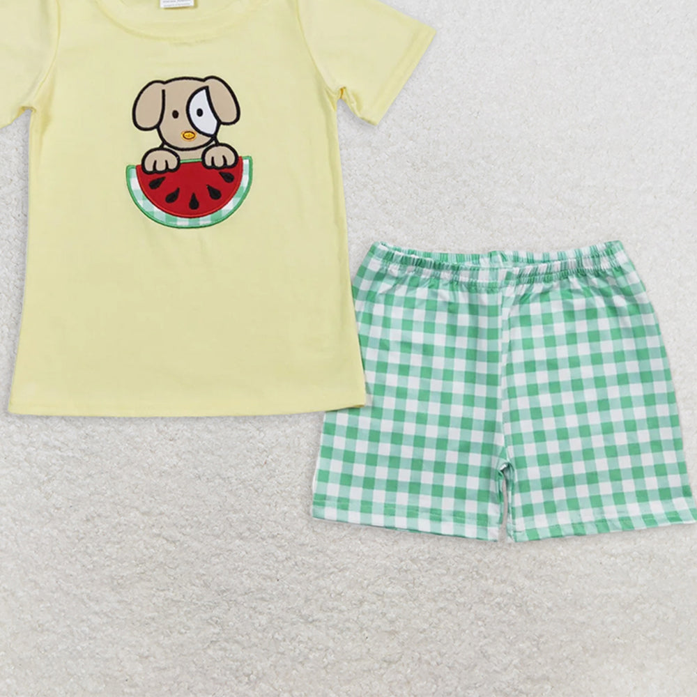 BSSO0446RTS NO MOQ Baby Boys Summer Boys Outfits  Dog watermelon top green shorts boys summer outfits