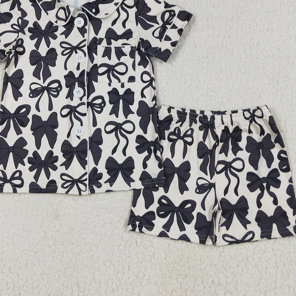 8.15 GSSO2663 RTS NO MOQ Baby Girls Summer Pajamas Outfits Baby Girls Short Sleeves Black Bows Button Pocket Top Short Pajamas Set