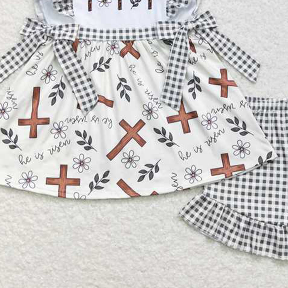 GSSO0492New Rts No Moq 8-9 Days By Air Arrived it Cross floral tunic plaid shorts girls easter outfits