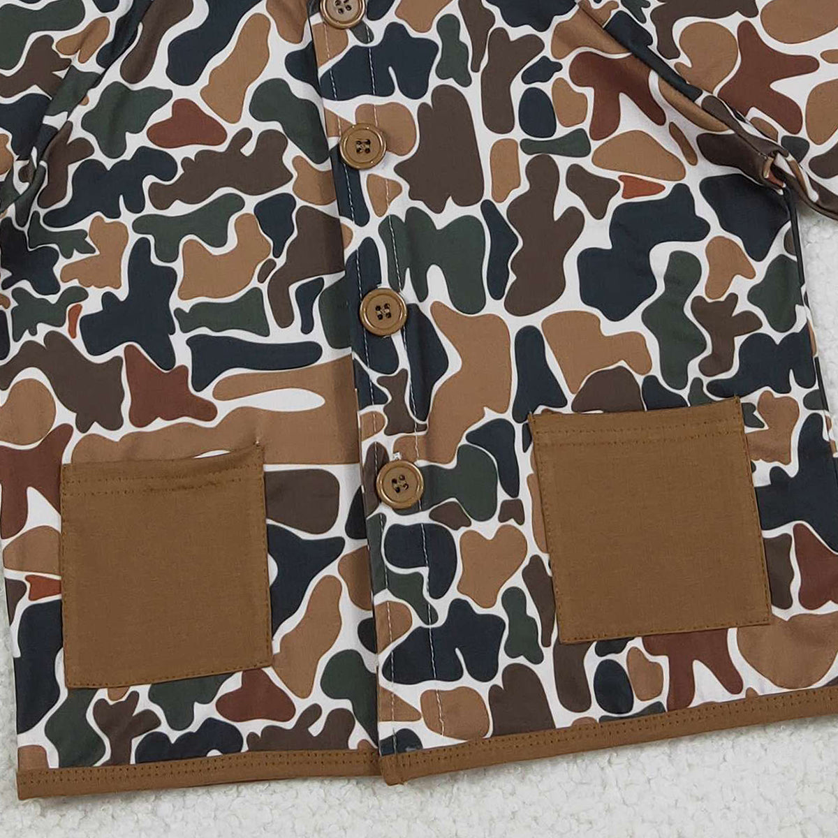12.12 RTS NO MOQ （In stock）BT1442 Baby Boys Southern Dark Brown Camo Button Pockets Hoodie Jackets Top