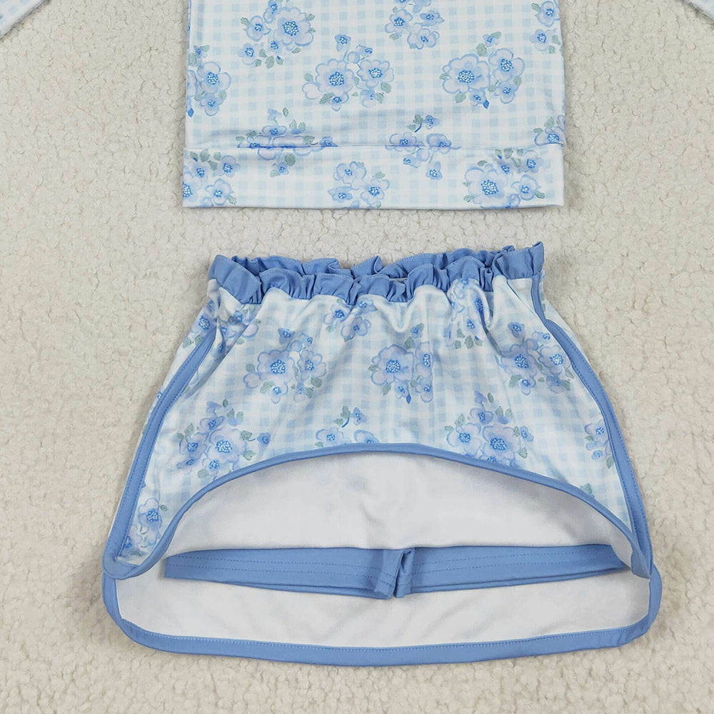 RTS NO MOQ （In stock） GLD1097 Baby Girls Yoga Outfits Baby Girls Long Sleeves Blue Flowers Plaid Zipper Top Skorts Yoga Sets