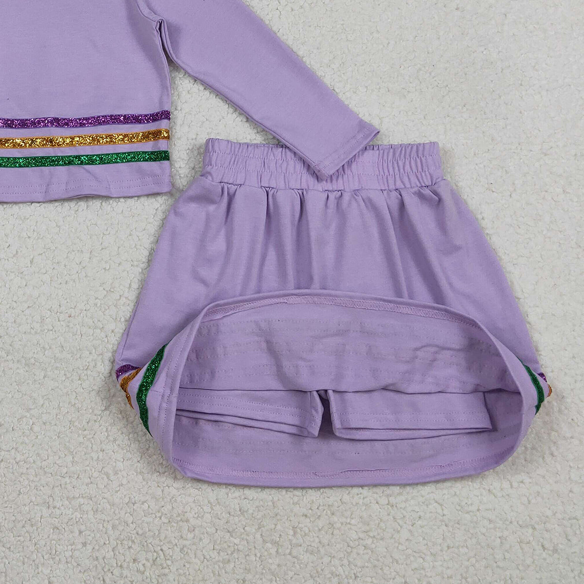 1.21 RTS NO MOQ （In stock）GLD1573 Baby Girls Mardigras Stripe Top Skirt Short Clothes Sets
