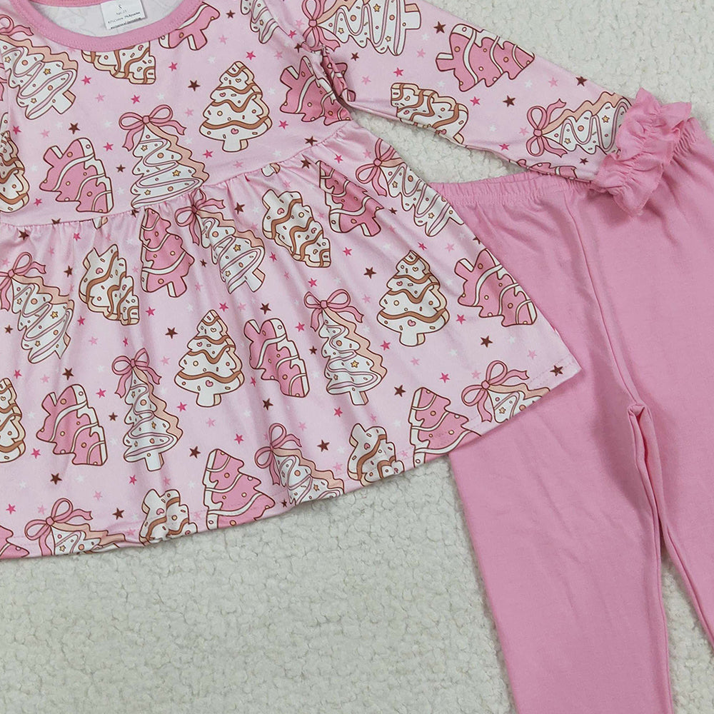 8.21 RTS NO MOQ （In stock）GLP2471 Baby Girls Winter Outfits Baby Girls Pink Christmas Trees Bows Tunic Legging Pant Clothes Set