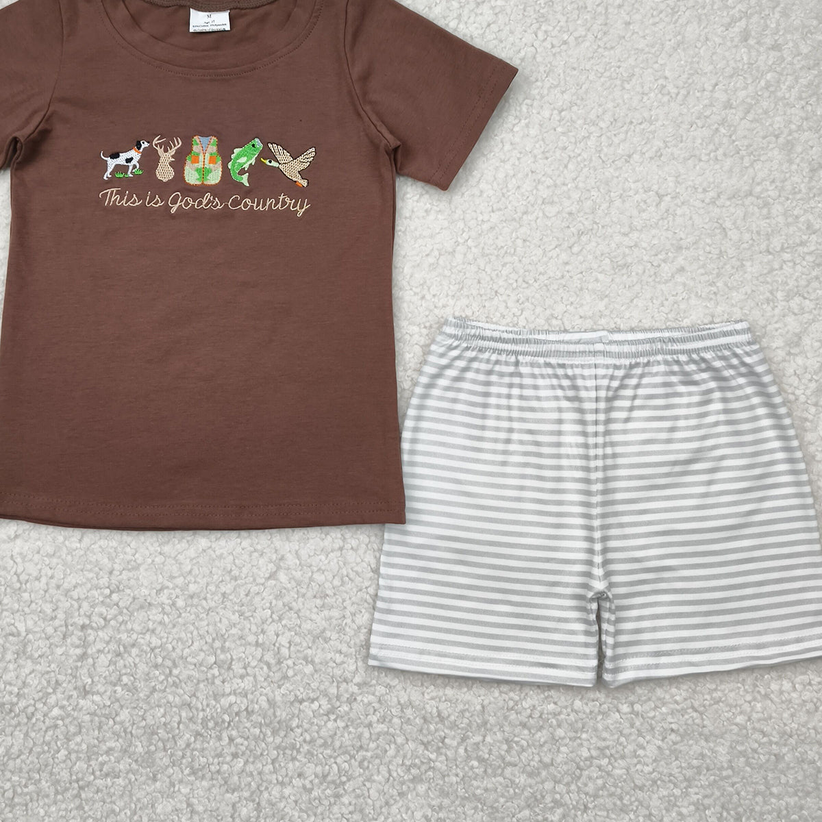 BSSO1410RTS NO MOQ Baby Boys Summer Boys Outfits Embroidery Baby Boys Brown Short Sleeves Gods Country Shirt Stripe Shorts Sets
