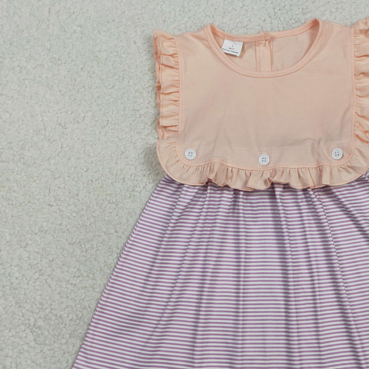2.4 RTS NO MOQ （In stock）GSD3559 Baby Girls Peach Sleeveless Lavender Stripe Button Knee Length Dresses