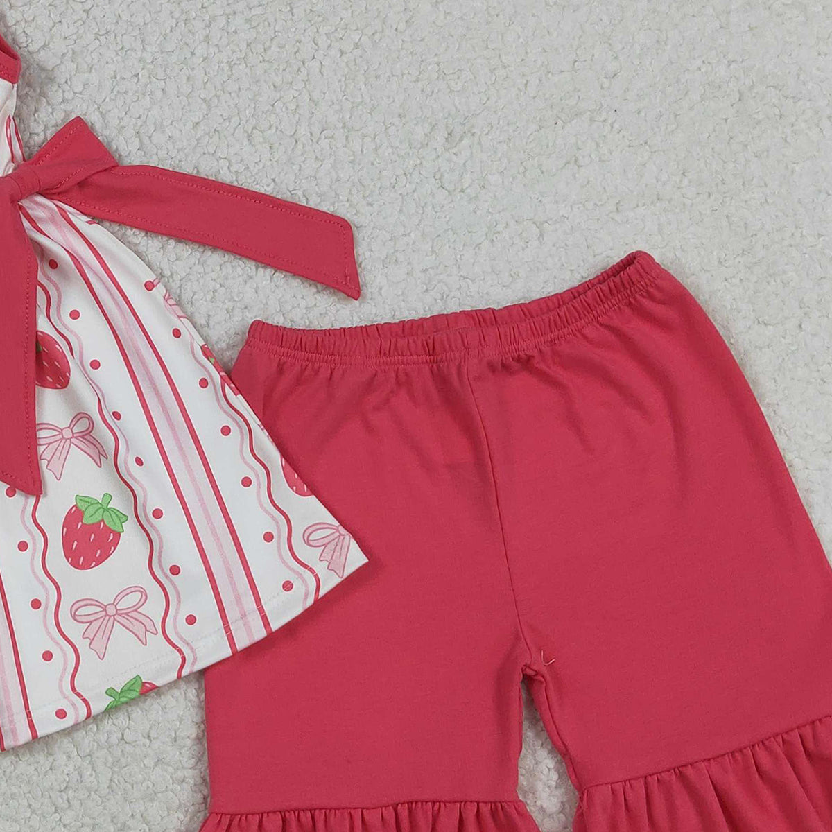 3.14 RTS NO MOQ （In stock）GSSO3276 Fashion Clothing For Baby Girls Sleeveless Strawberry Bows Stripe Tunic Ruffle Shorts Clothes Set
