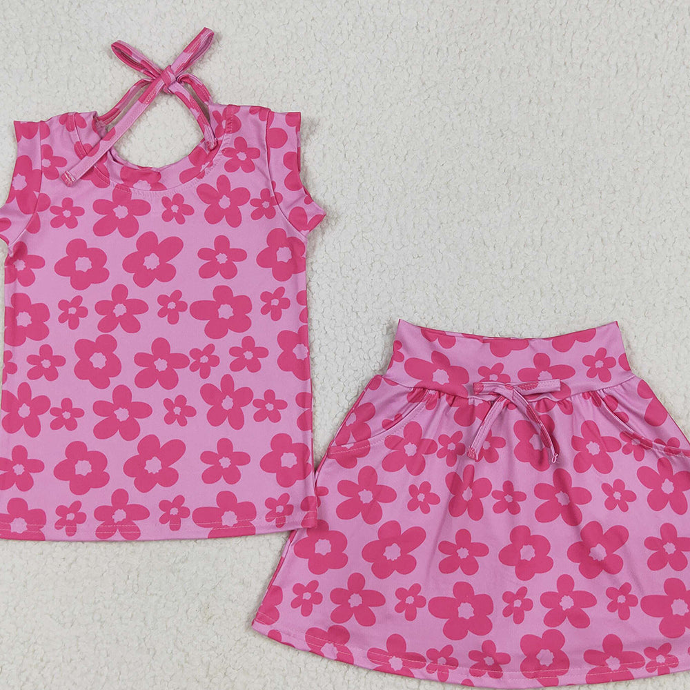 8.13  GSD2583 RTS NO MOQ Baby Girls Summer Outfits Baby Girls Sleeveless Hot Pink Flowers Top Pockets Short Skirts Set