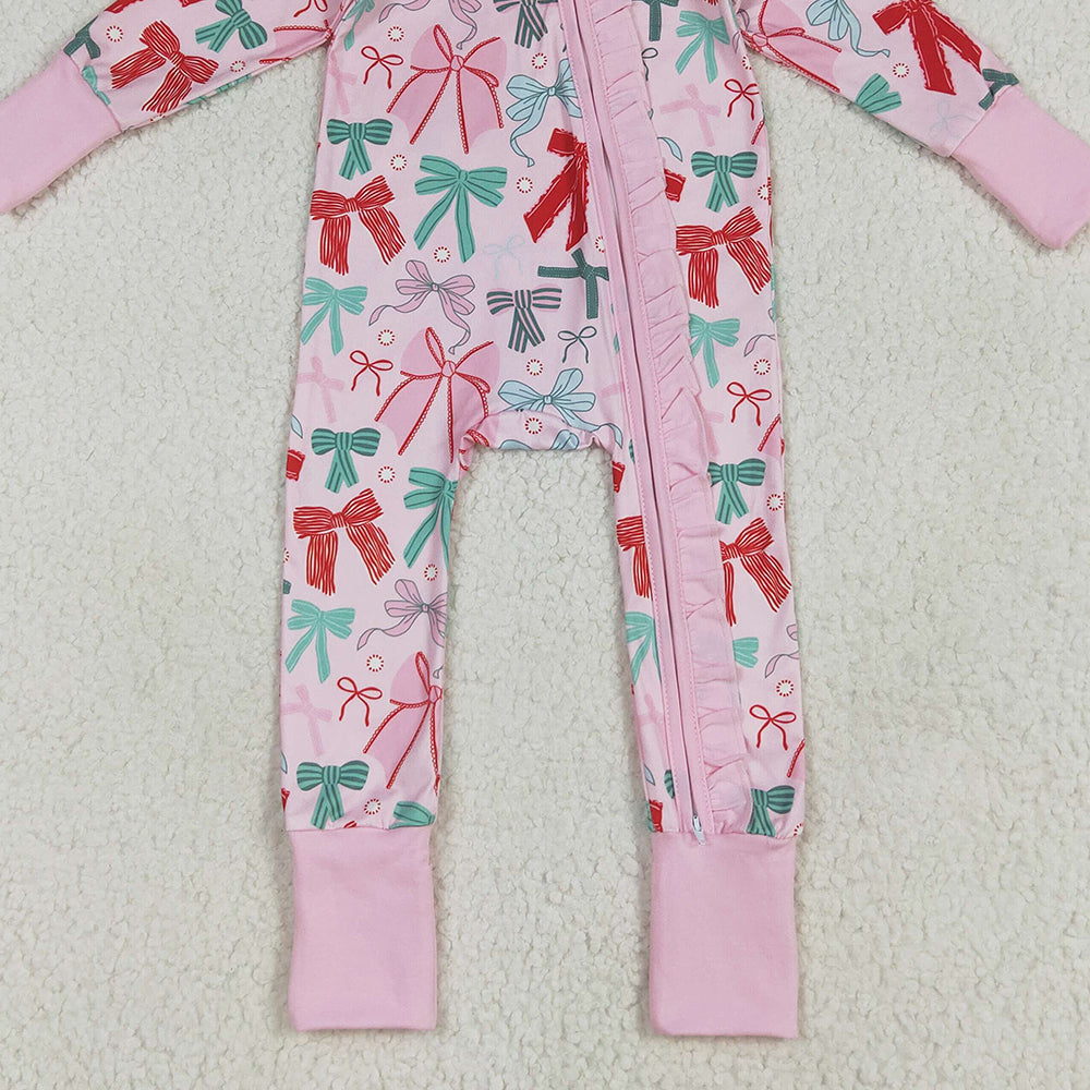 LR2266 RTS NO MOQ Baby Girls Winter Rompers Baby Girls Pink Long Sleeves Colorful Bows Zipper Rompers