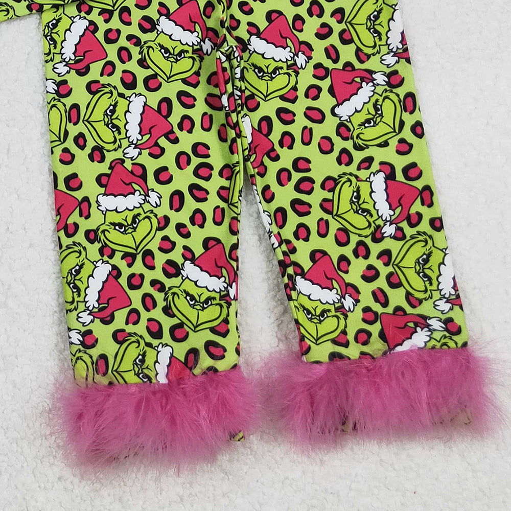 RTS NO MOQ （In stock）GLP2669 Baby Girls Winter Outfits Leopard Green Face Fur Christmas Pajamas Button down Comfortable Sleepwear
