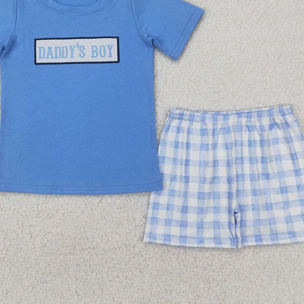 BSSO1433 RTS NO MOQ Baby Boys Summer Boys Outfits Light blue daddy's boy plaid shorts boys clothing