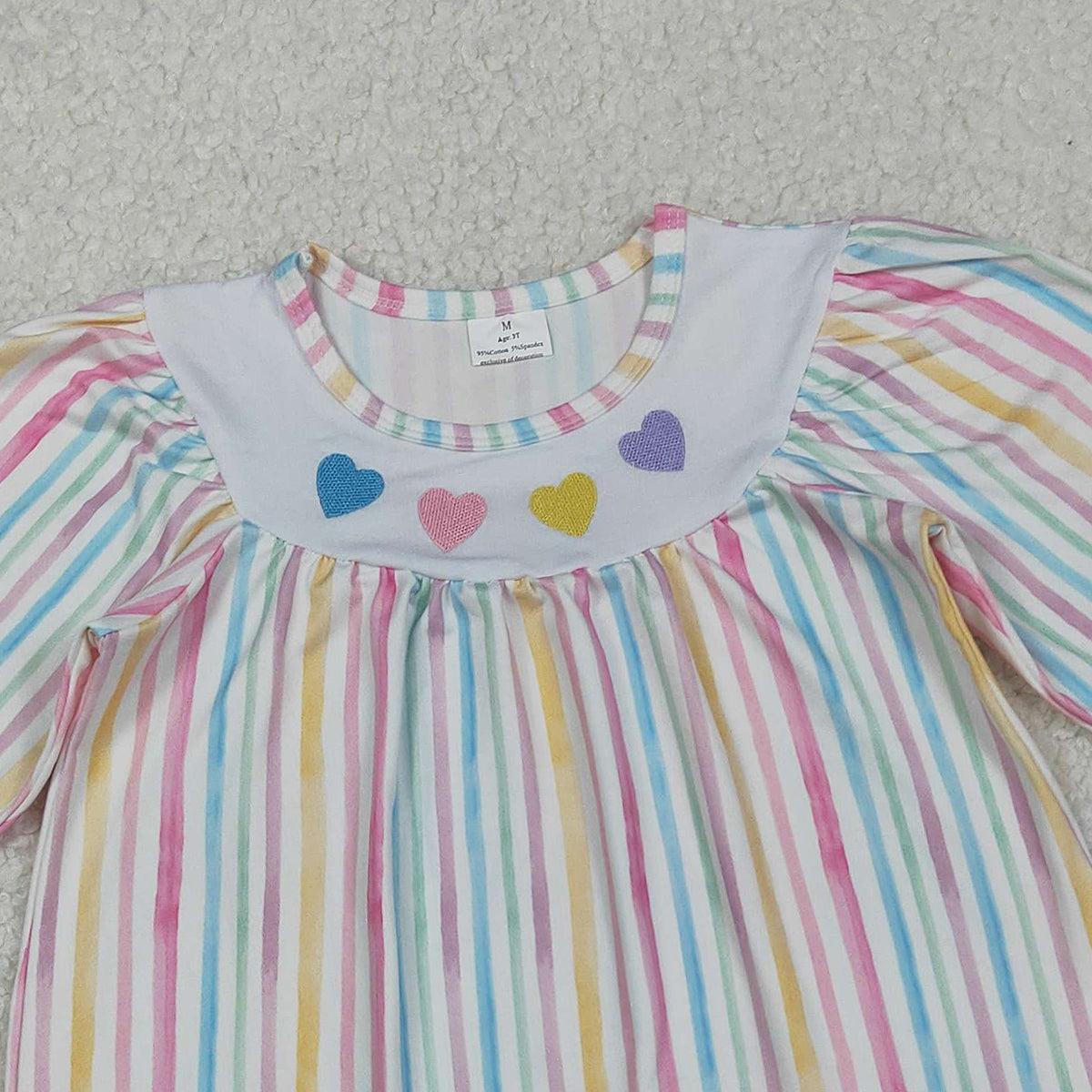 11.4 RTS NO MOQ （In stock）GLD1335 Baby Girls Winter Dress Embroidery Hearts Baby Girls Colorful Stripes Valentine Knee Length Dresses