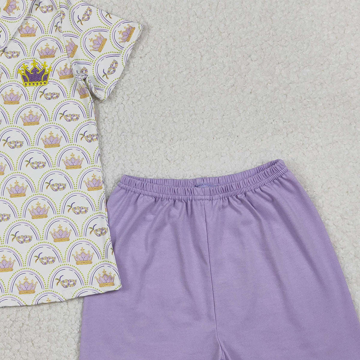 12.23 RTS NO MOQ （In stock）BSSO1565 Embroidery Crowns Baby Boys Mardigras Checked Button Polo Top Shorts Clothes Sets