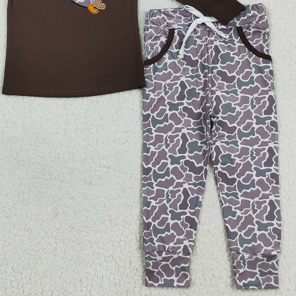 RTS NO MOQ （In stock）BLP1123 Baby Boys Winter Outfits Embroidery Baby Boys Brown Duck Top Camo Pocket Pant Sets