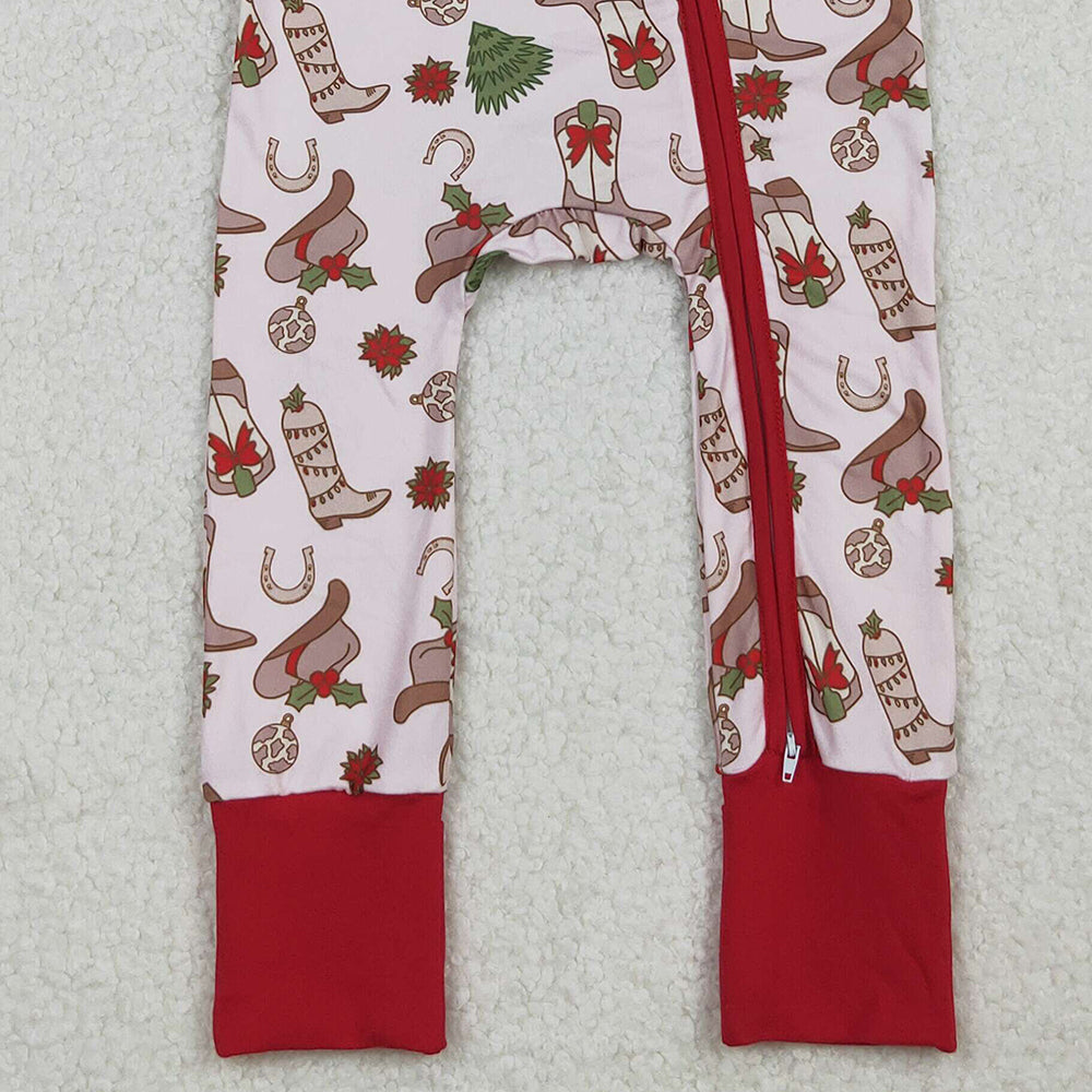 RTS NO MOQ （In stock） LR2584 Baby Girls Winter Rompers Holly Boots Christmas Zipper Footie Rompers