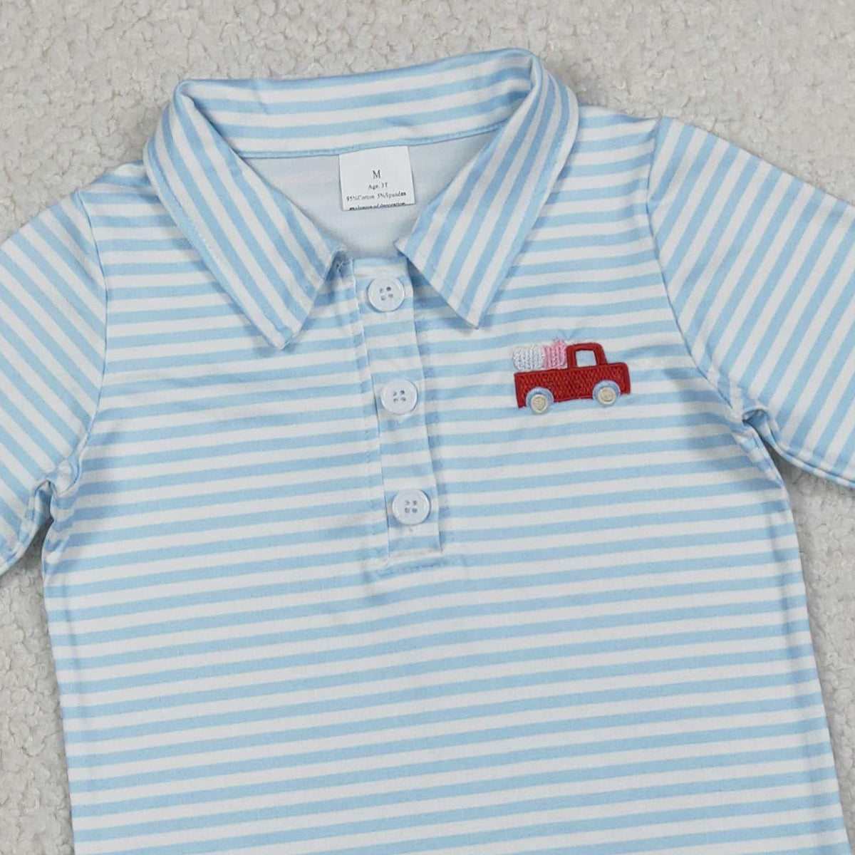 1.15 RTS NO MOQ （In stock）BT1573 Embroidery Heart Trucks Baby Boys Blue Stripe Valentines Button Polo Shirts Top