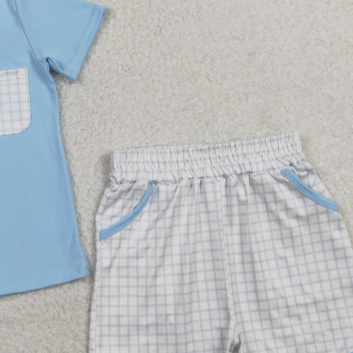 2.3 RTS NO MOQ （In stock）BSSO1762 Baby Boys Blue Short Sleeve Shirts Top Checked Pockets Shorts Clothes Sets