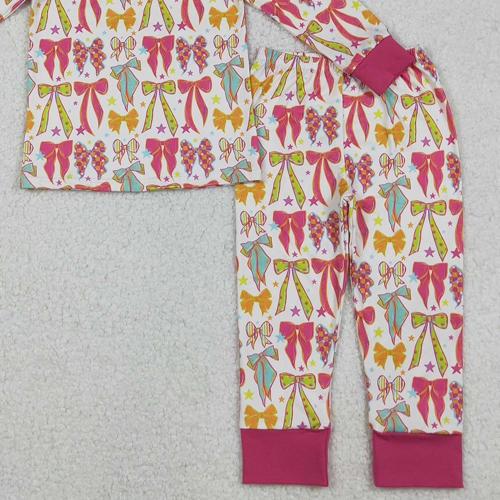 RTS NO MOQ （In stock）GLP2615 Baby Girls Winter Outfits Pink Bows Stars Top Pant Pajamas Sets