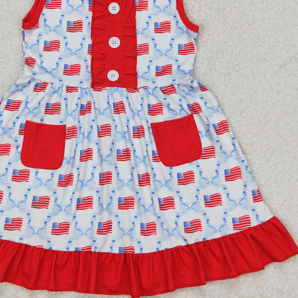 GSD1625 RTS NO MOQ Sleeveless bow flag baby girls 4th of july dresses