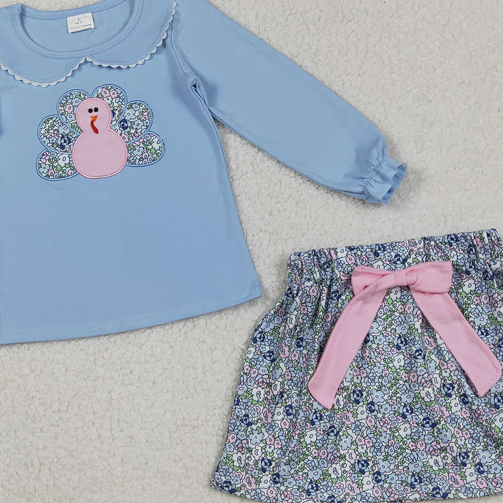 RTS NO MOQ （In stock）GLD0849 Baby Girls Skirt Sets Floral Turkey Top Skirts Thanksgiving Themed Clothing Set for Girls
