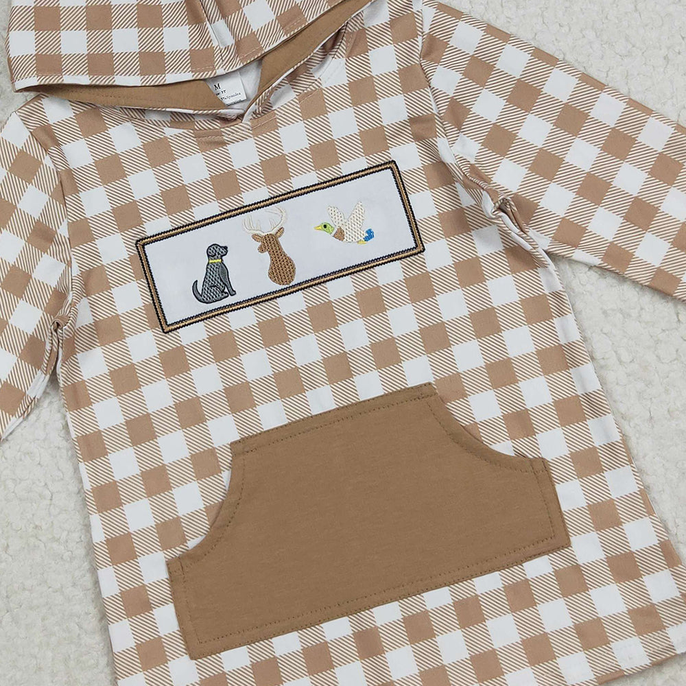 RTS NO MOQ （In stock）BT1285 Baby Boys Long Sleeve Tops Embroidery Dogs Deer Ducks Baby Boys Khaki Plaid Pocket Western Hoodies Top