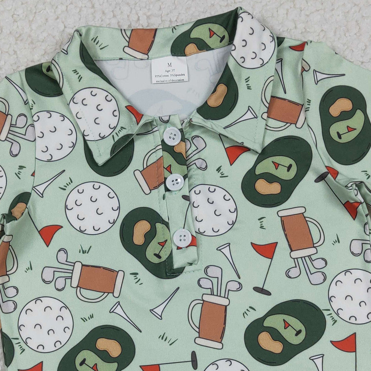 12.30 RTS NO MOQ （In stock）BT1586 Baby Boys Green Golf Flags Team Button Polo Shirts Top