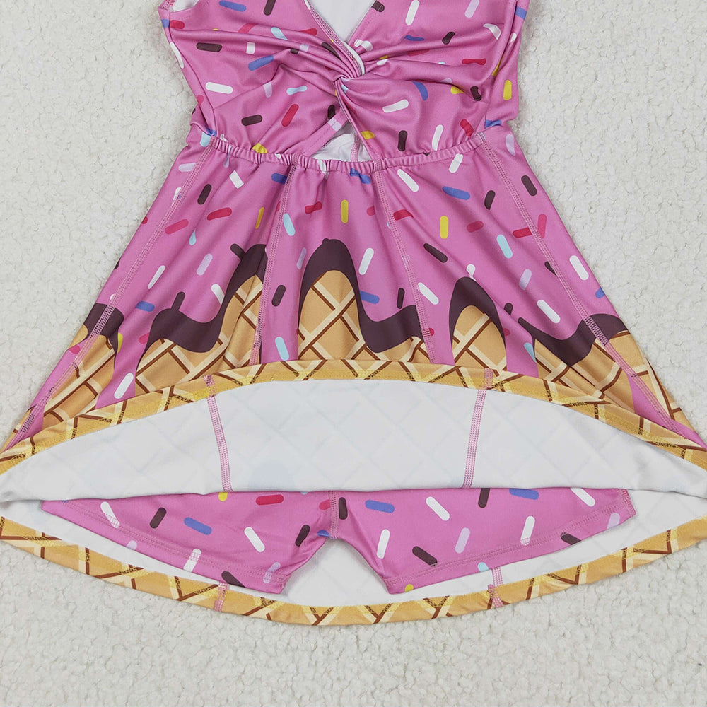 8.11  GSD2413RTS NO MOQ Baby Girls Summer Yoga Dress  Baby Girls Hot Pink Ice-cream Drip Yoga Skort Knee Length Dresses