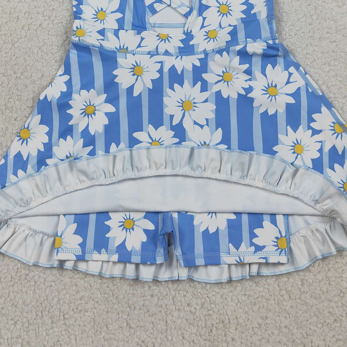 3.26 RTS NO MOQ （In stock）GSD2283 Kids Fashion Clothes Baby Girls Strap Blue Stripe Floral Yoga Ruffle Knee Length Dresses