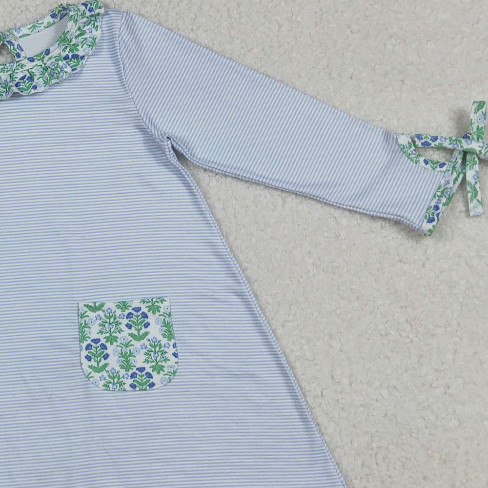 RTS NO MOQ （In stock）GLD0927  Baby Girls Winter Dress Stripes Green Flowers Pockets Knee Length Dresses