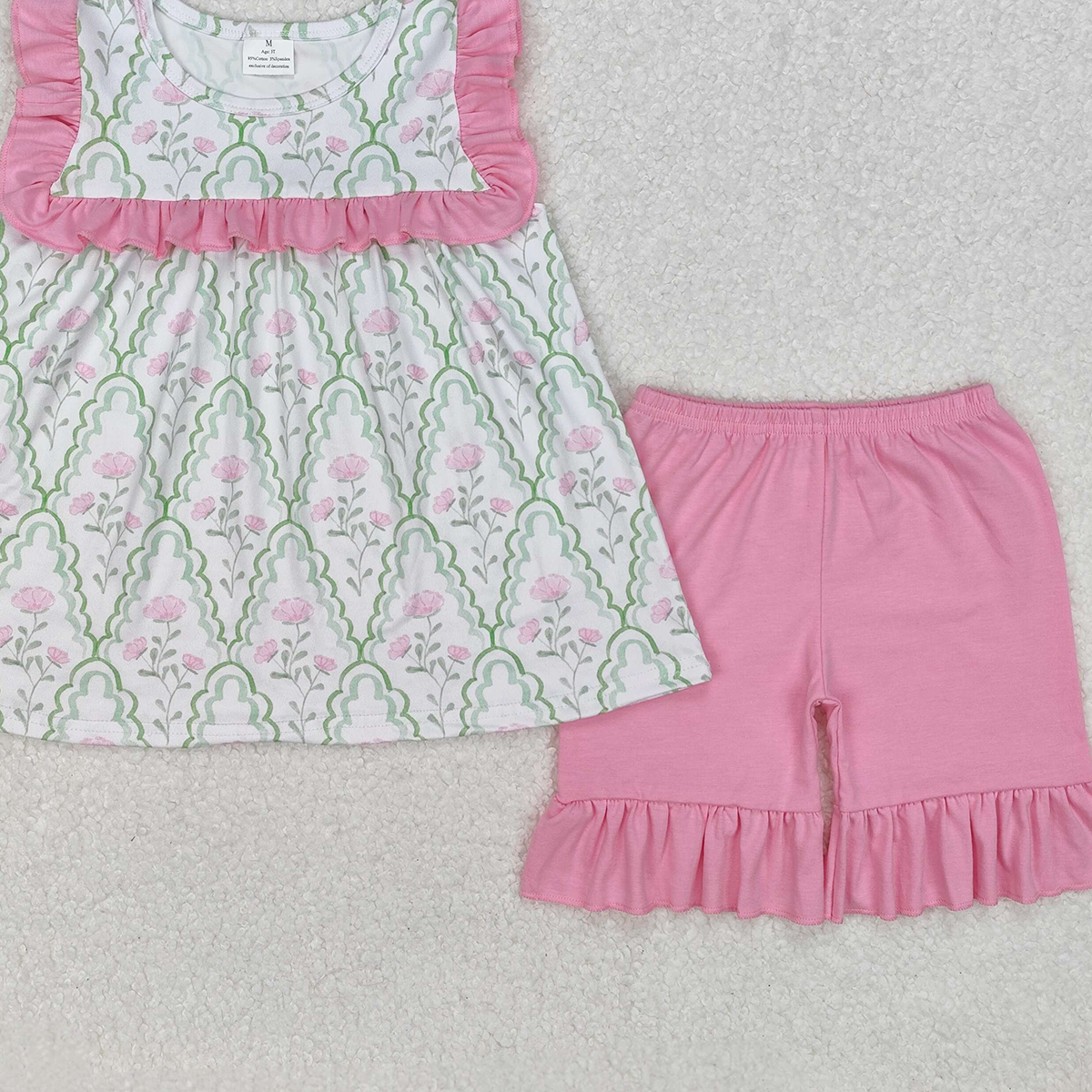 GSSO2013RTS NO MOQ Baby Girls Summer Outfits Girls Ruffle Green Pink Floral Tunic Short Set Summer Outfit Cute Floral Print Top And Shorts Combo for Little Girls