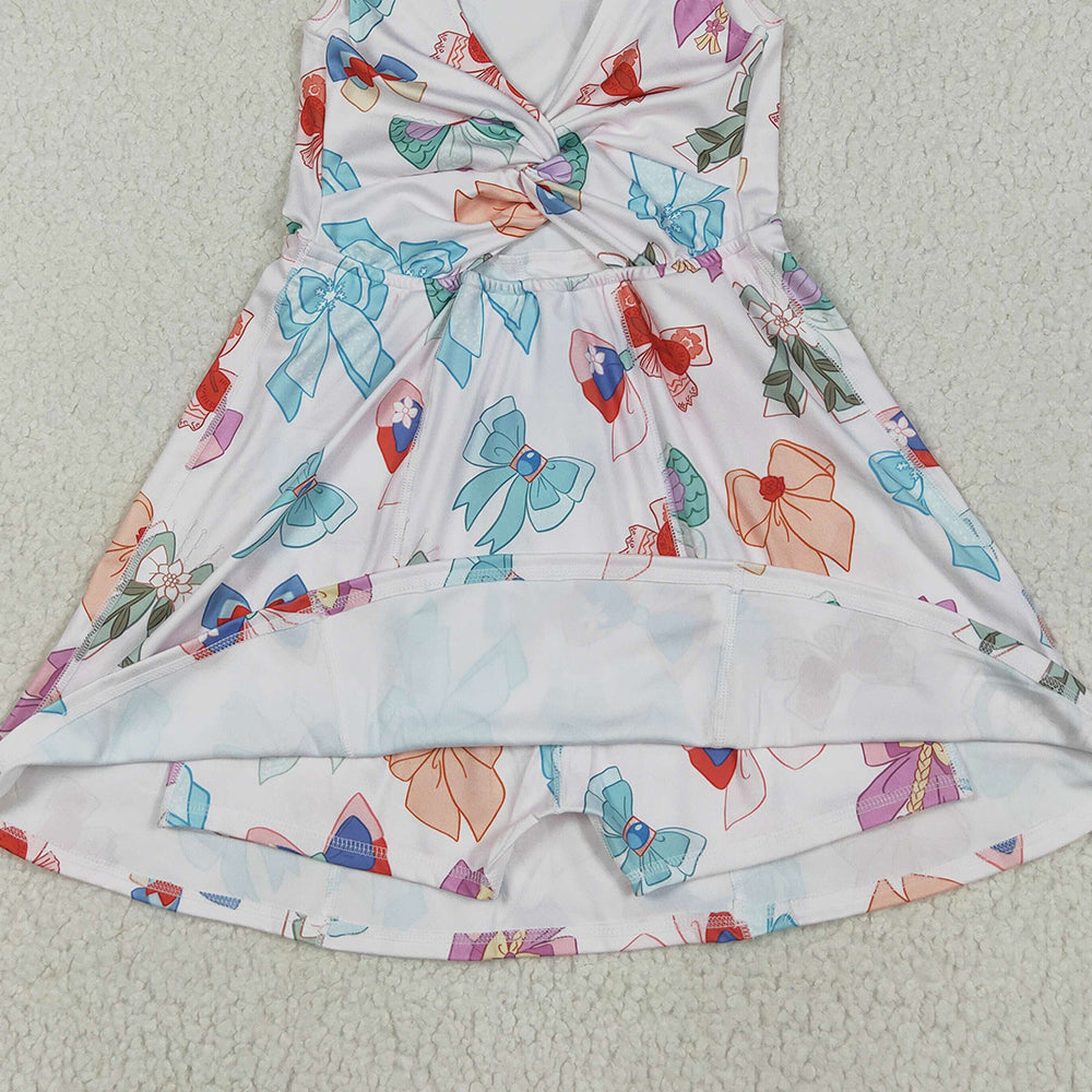 8.12  GSD2049 RTS NO MOQ Baby Girls Summer Yoga Dress Baby Girls Colorful Hero Bows Athletic Active Wear Knee Length Dresses
