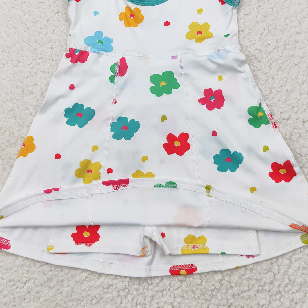5.19  GSD2346 RTS NO MOQ Baby Girls Summer Yoga Dress Sleeveless white colorful floral kids girls athletic dresses