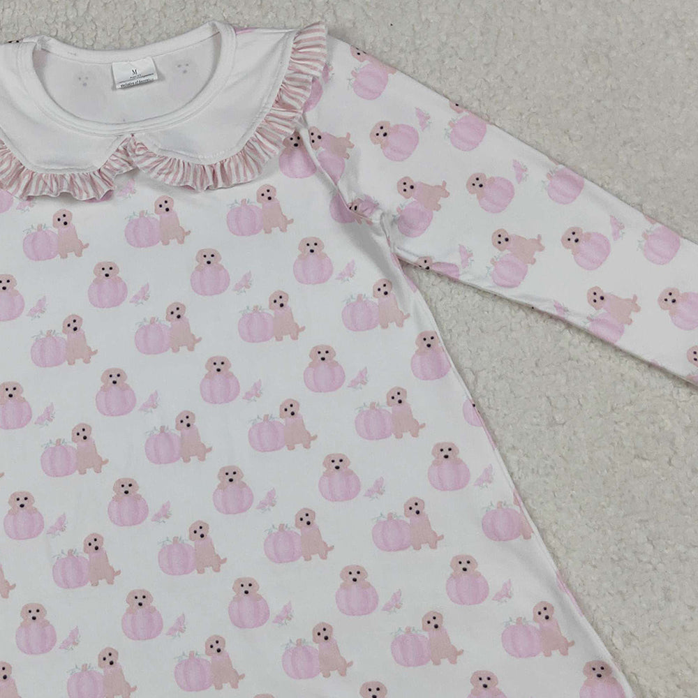 9.27 RTS NO MOQ （In stock）GLD1157 Baby Girls Winter Dress Baby Girls Pink Dog Pumpkins Fall Knee Length Dresses