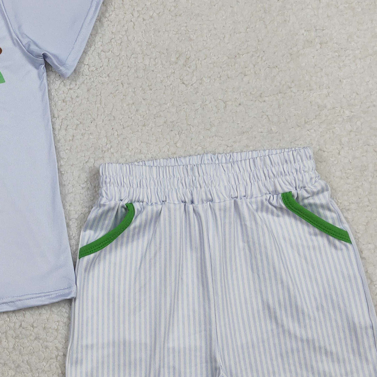1.23 RTS NO MOQ （In stock）BSSO1757 Baby Boys Blue Bears Golf Top Pockets Stripe Shorts Clothes Sets