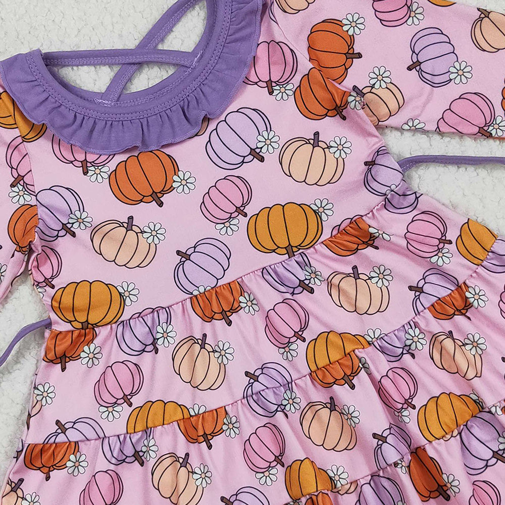 8.22 RTS NO MOQ （In stock）GLD1032 Baby Girls Winter Dress Baby Girls Pink Flowers Pumpkins Fall Knee Length Dresses With Belt
