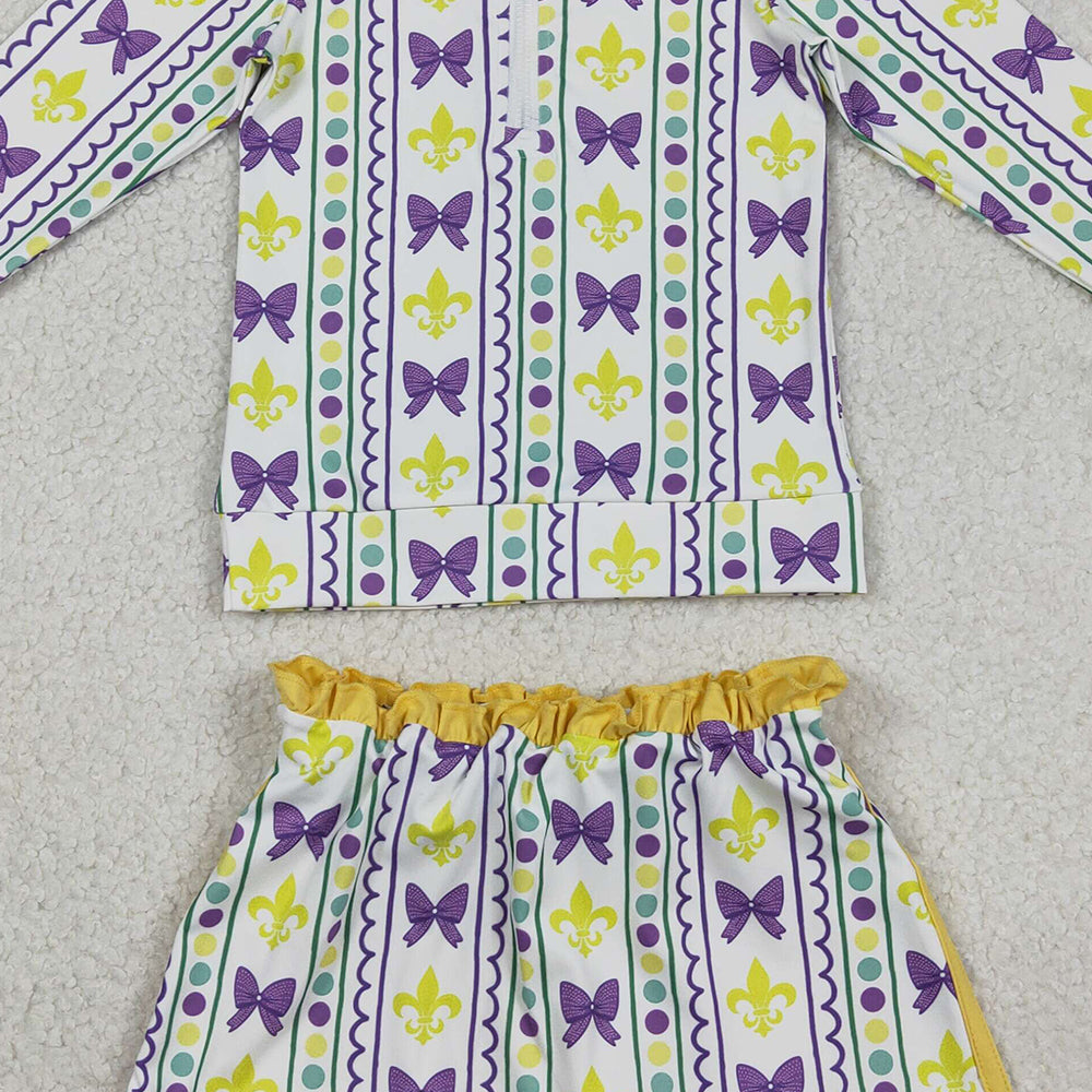 12.13 RTS NO MOQ （In stock）GLD1363 Baby Girls Mardigras Anchors Bows Stripe Zip Pullovers Skirt Shorts Yoga Active Clothes Set