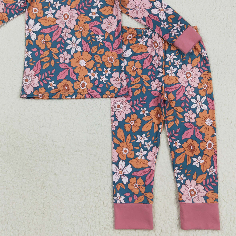 RTS NO MOQ （In stock）GLP2385 Baby Girls Winter Outfits Baby Girls Lavender Long Sleeves Floral Top Pants Pajamas Sets