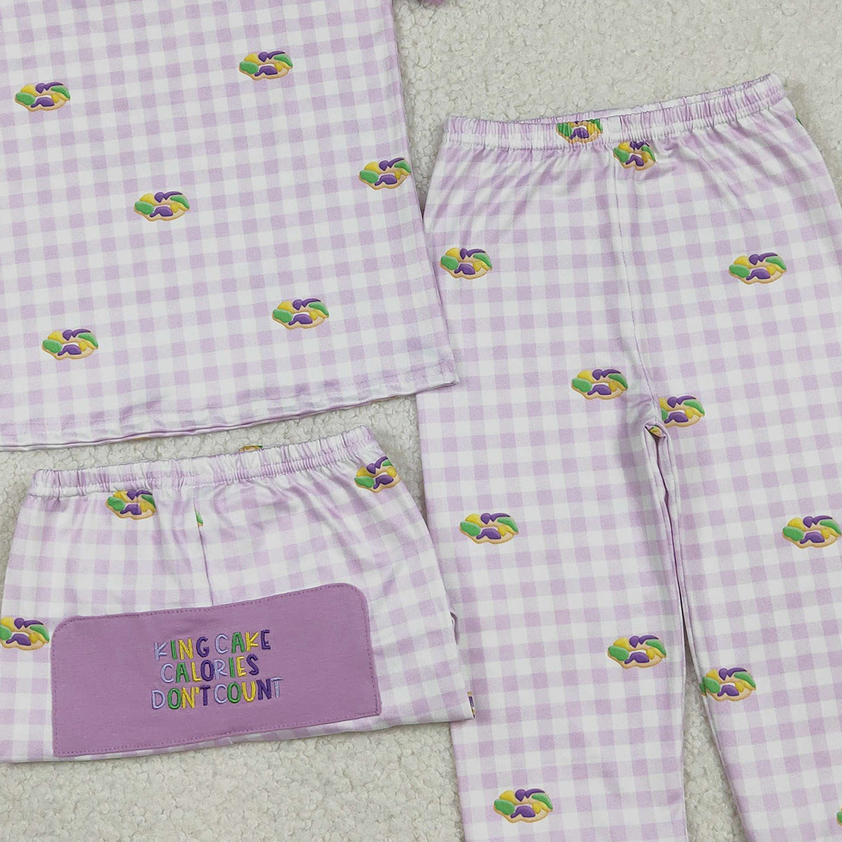 12.29 RTS NO MOQ （In stock）BSPO0630 Embroidery King Cake Baby Boys Mardigras Donuts Checked Pants Pajamas Sets