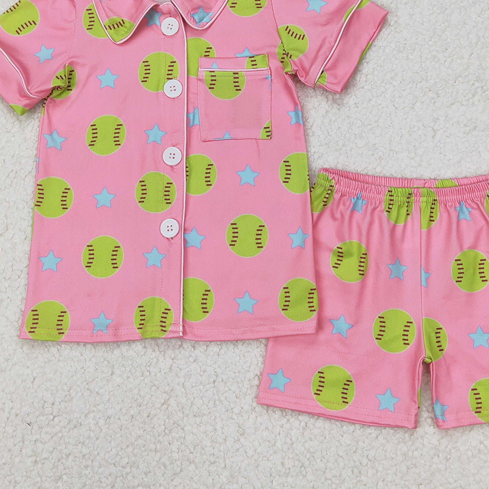 USA Shop (in stock) GSSO2203  Baby Girls Summer Pajamas Outfits Softball star pink short-sleeved shorts pajama set