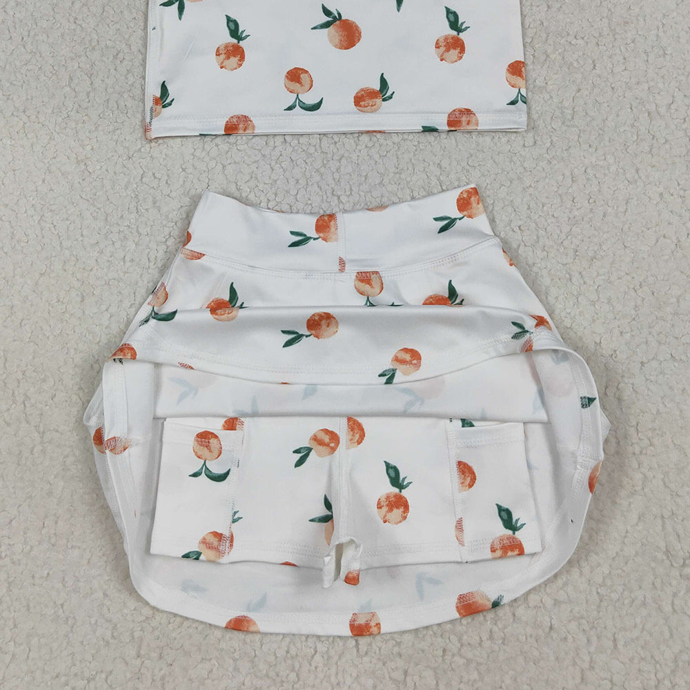 RTS NO MOQ （In stock）GSD2738 Baby Girls Yoga Outfits Baby Girls Summer White Peach Top Skirts Active Wear Clothes Sets