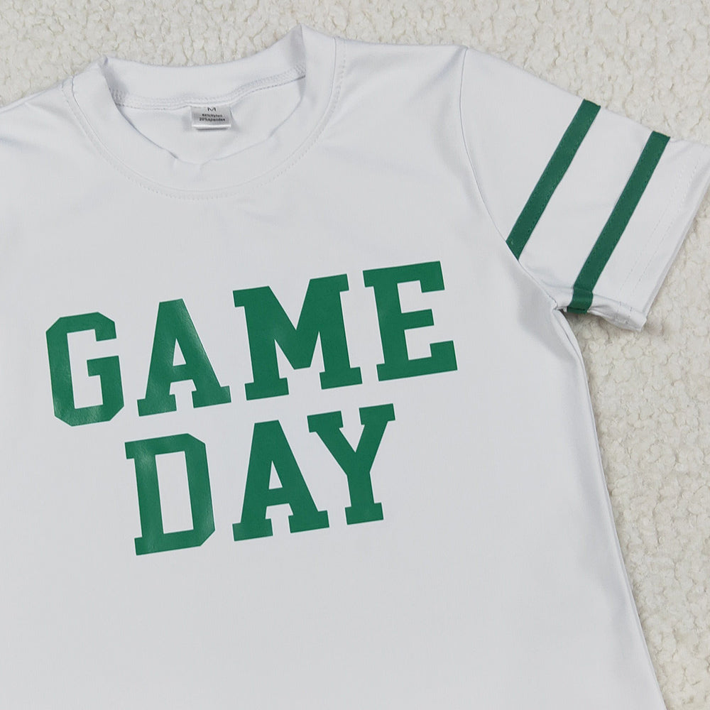 RTS NO MOQ （In stock）GT1103+GLK0126 Baby Girls Summer Outfits Baby Girls Green Game Day Yoga Avtive Team Tee Shirts Top Baby Girls Green Yoga Skorts Pleated Skirts Bottom Sets