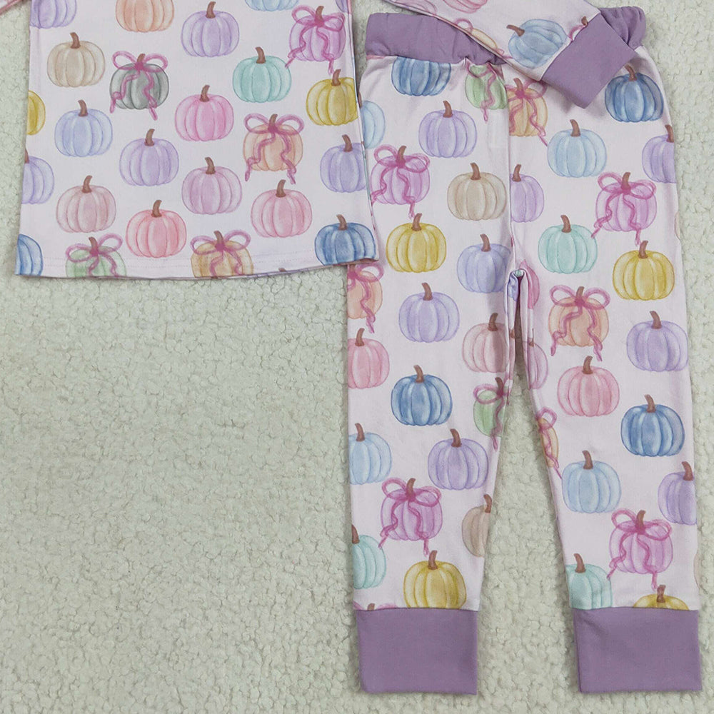 RTS NO MOQ （In stock）GLP2597 Baby Girls Winter Outfits Baby Girls Long Sleeves Colorful Bows Pumpkins Top Pant Pajamas Set